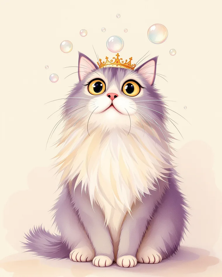A regal long-haired cat wearing a small crown of soap bubbles