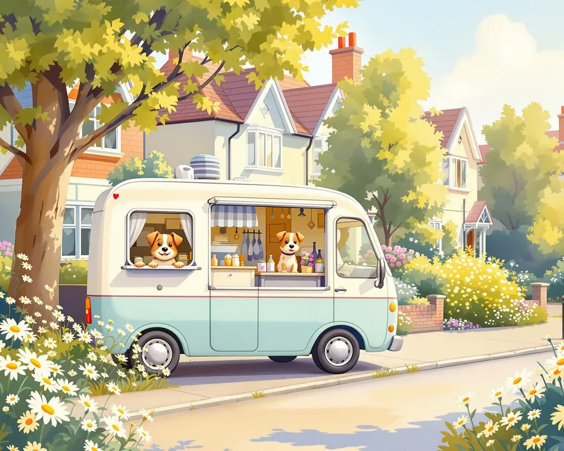 A little grooming van parked at a sunny curb, a dog watching from the window