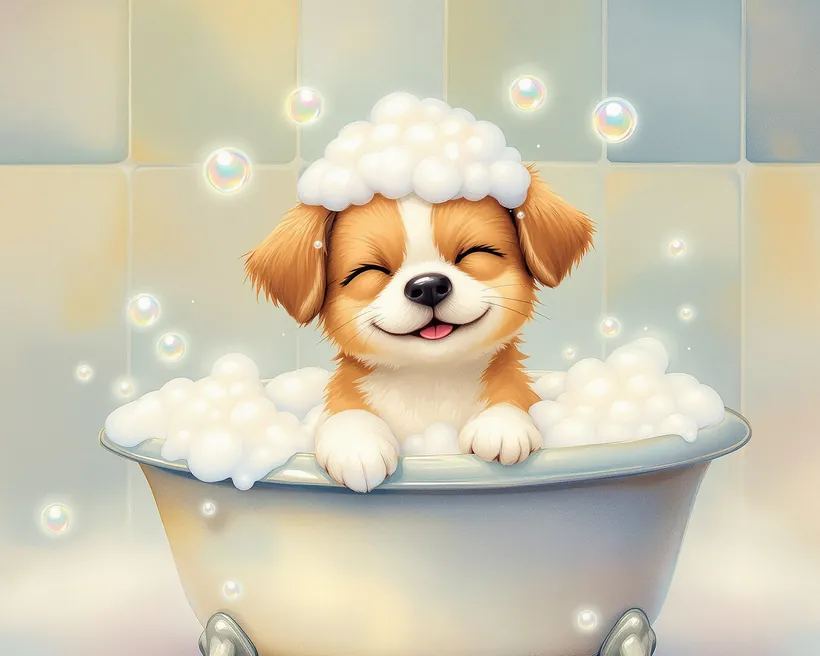 A blissful puppy in a warm bubble bath wearing a crown of foam