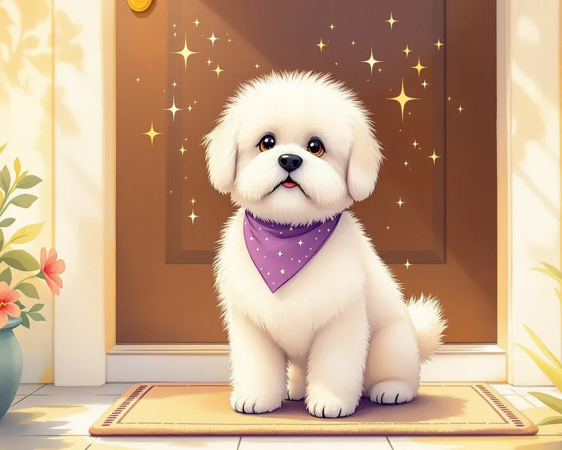 A freshly fluffed white dog in a purple bandana, sparkling with pride
